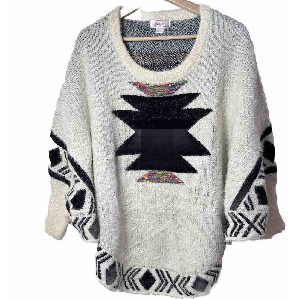 Kamana Sweater Womens Poncho Aztec Print Western Dolman Sleeve Fuzzy One Size